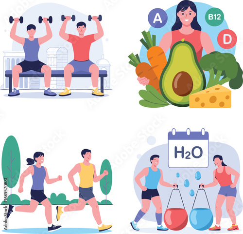 Healthy Lifestyle Collage Exercise, Vitamins, Hydration, featuring People Working Out and Eating Nutritious Foods