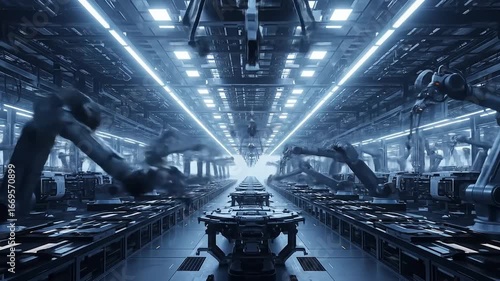Robotic arms in factory Futuristic assembly line blue lighting industrial automation high quality professional