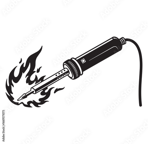 Black and white illustration of a soldering iron with flames and a cable