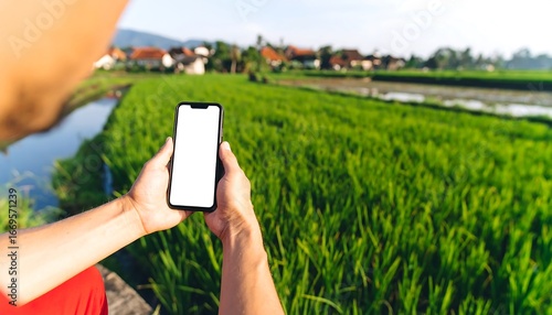 A person holds a smartphone with a blank screen, surrounded by a verdant rice paddy landscape.
