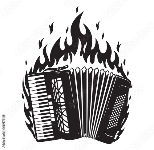 Burning accordion black and white vector illustration for music and entertainment design