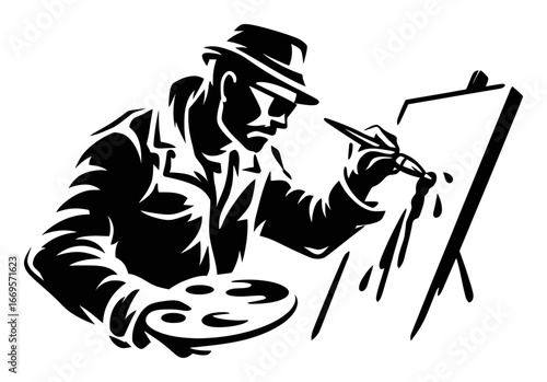 Creative Artist Painting on Canvas with Palette in a Retro Style