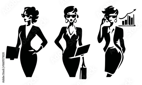 Stylish Businesswomen Silhouettes with Accessories and Graph Illustrations