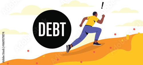 Man Running Away From Debt, Illustration on Hill With Clouds, Financial Stress Concept
