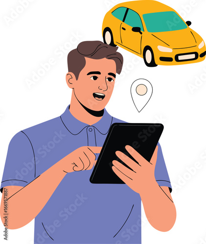 Man Using Tablet with Yellow Car and Location Pin, Automotive Services Application Concept