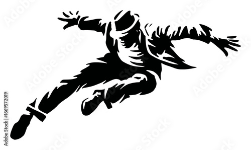 Dynamic silhouette of a dancer performing a dramatic leap in motion
