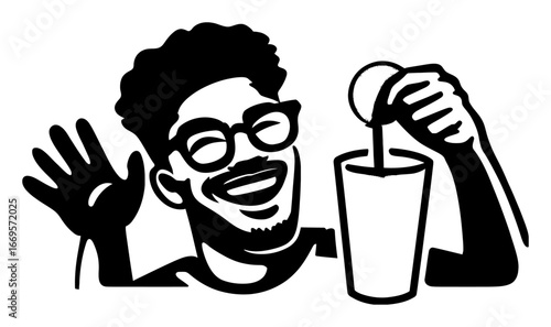 Joyful Man Mixing Drink with Lemon and Smiling in Vector Illustration