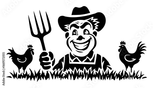 Cheerful Farmer Holding Pitchfork Surrounded by Chickens in Farm Setting