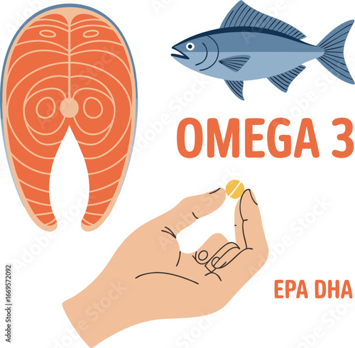 Omega3 Illustration Salmon, Fish, Hand Holding Pill, EPA DHA Supplement for Diet and Health