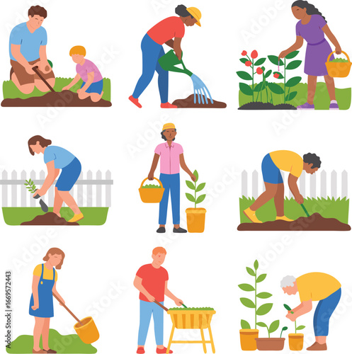 People of Different Ages and Ethnicities Gardening, Planting, Watering, and Weeding Plants, Illustration