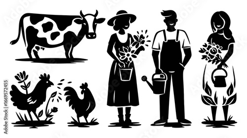 Black and White Farm Animals and People with Flowers and Gardening Tools