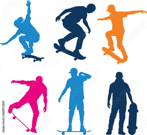 Silhouetted Skateboarders Performing Tricks and Poses in Blue, Orange, and Pink Tones on White Background