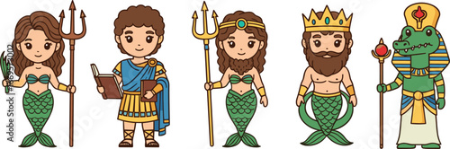 Cute cartoon mythological characters, mermaids, Greek soldier, Poseidon, Egyptian god, sea fantasy, kids illustration, ancient culture art, vector clipart