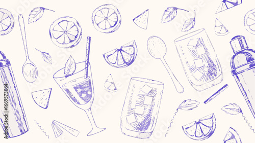 Hand drawn cocktail ingredients and preparation tools scattered on a light background in a sketch style