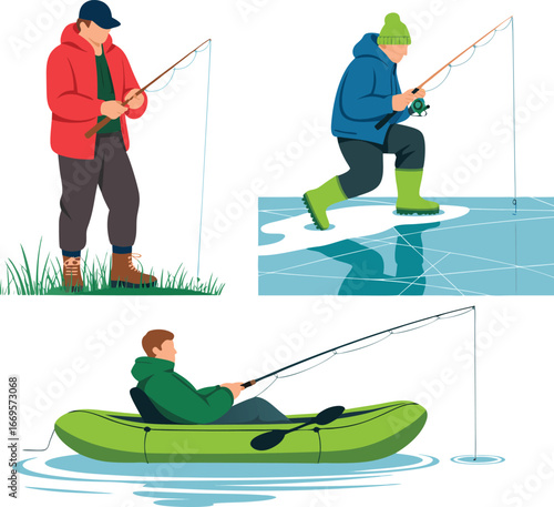 Three Fishing Illustration Scenes Man Casting Rod on Grass, Ice, and Kayak on Water