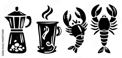 Stylish Black Silhouettes of Coffee Maker and Fresh Lobsters with Steam
