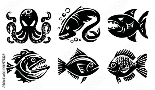 Black and White Illustrations of Various Fish and an Octopus Design