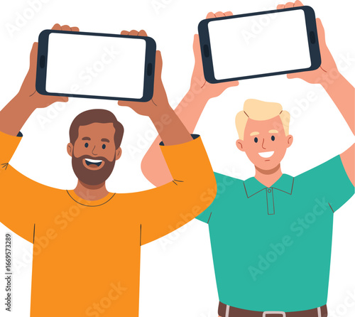 Two Men Holding Up Smartphones with Blank White Screens for Advertisement Mockups Art