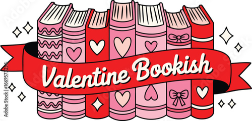 Valentine Bookish Design Cute Pink and Red Stack of Books with Ribbon Banner Illustration