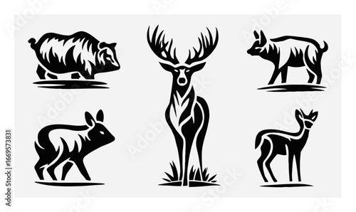 Elegant Black and White Silhouettes of Forest Animals in Various Poses