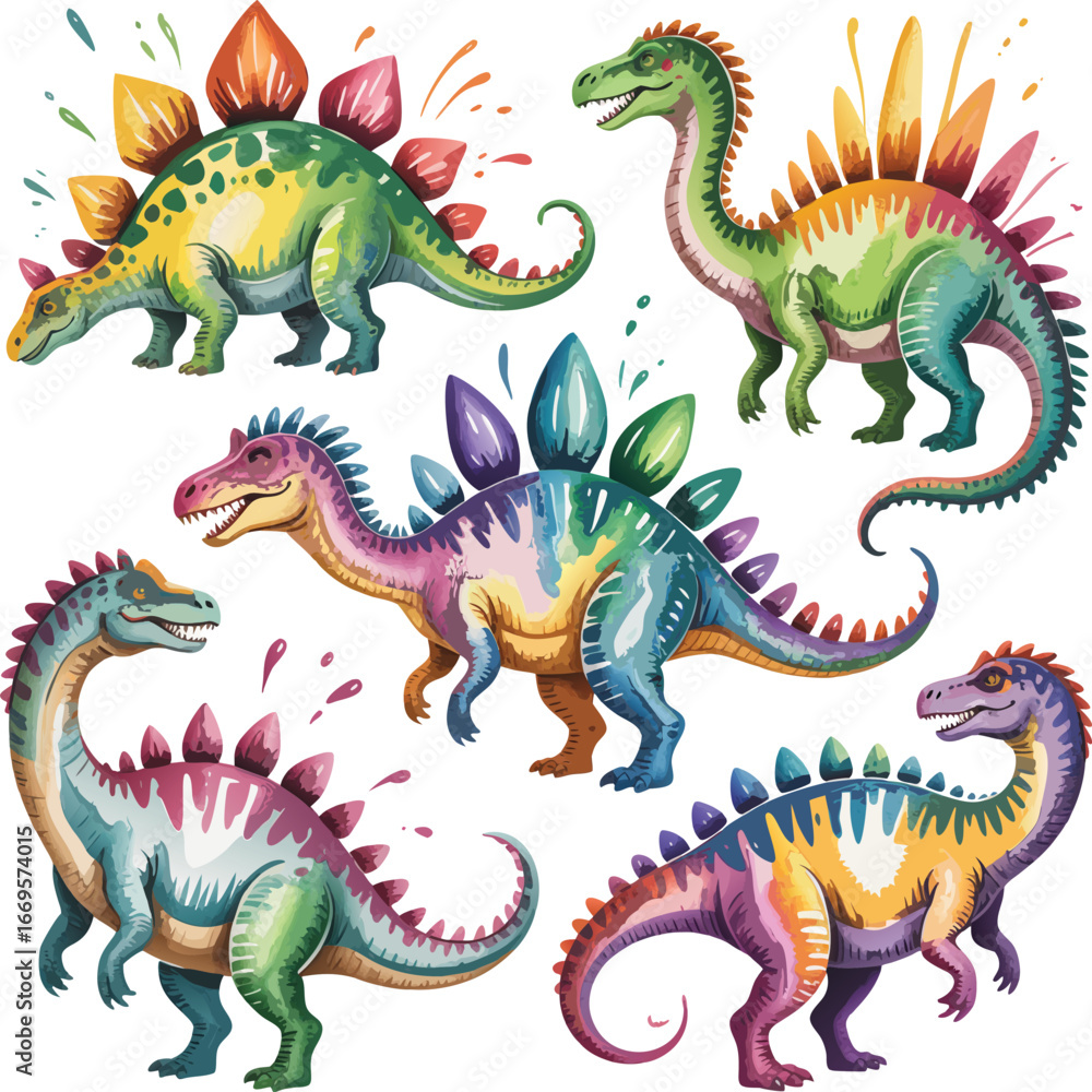 Fototapeta premium Watercolor Illustration of Five Colorful Stegosaurus Dinosaurs with Unique Designs and Styles on White Background