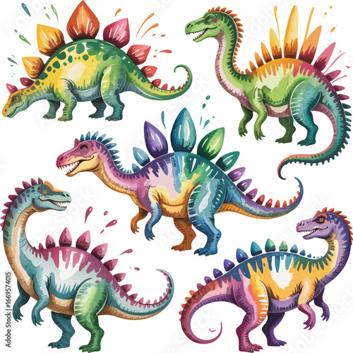 Watercolor Illustration of Five Colorful Stegosaurus Dinosaurs with Unique Designs and Styles on White Background