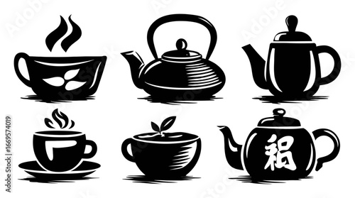 Black and White Tea Illustrations with Various Tea Cups and Teapots