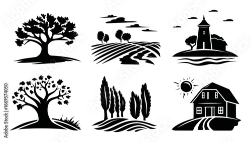 Black and White Vector Illustrations of Nature and Rural Landscape Scenes