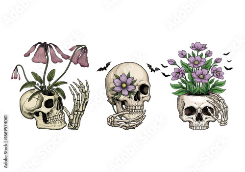 Fotografie Vector Illustration of Memento Mori Gothic Skull, Floral and Bats