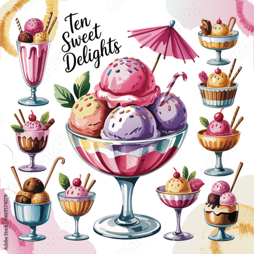 Watercolor Illustration of Ten Sweet Ice Cream Desserts in Glass Bowls and Sundae Dishes