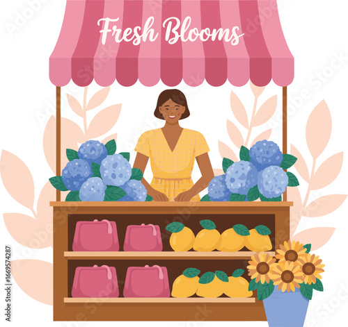 Woman at Floral Stand Selling Hydrangeas, Sunflowers, Lemons and Pink Bags Under Pink Canopy
