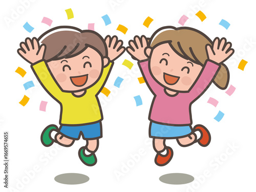 Illustration of a boy and girl jumping and cheering in joy