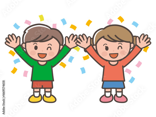 Smiling Boy and Girl Raising Hands in Celebration