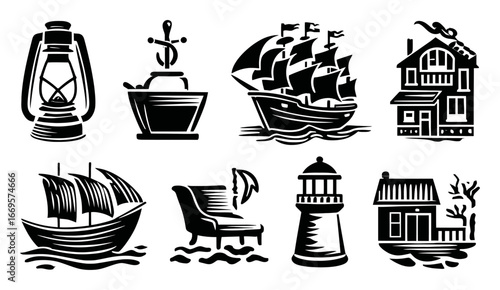 Vintage Nautical Elements Including Lantern, Ship, Lighthouse, and Anchor