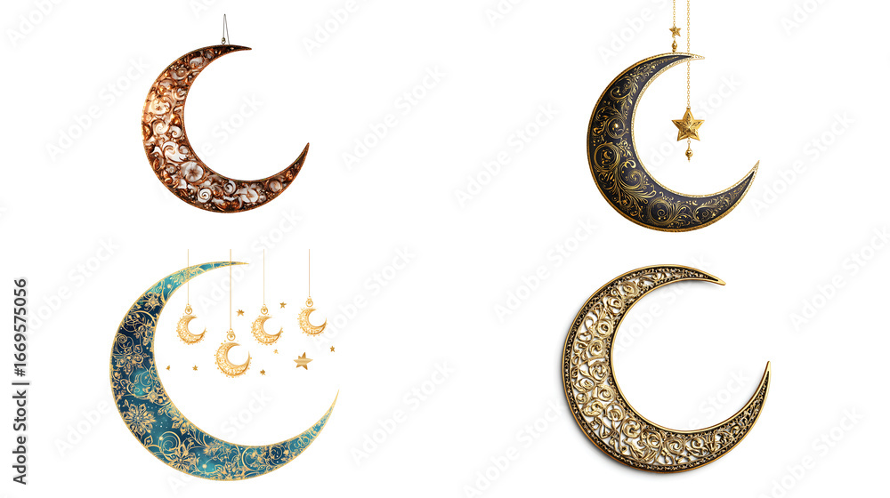 Obraz premium • Decorative Ramadan Mubarak Urdu wall hanging with embroidered crescent moon patterns isolated on white background in HD 