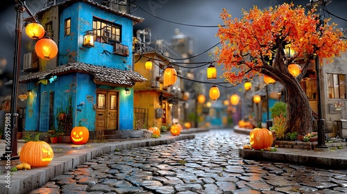 Halloween Neon Street Vibes Charming Halloween street decorated with pumpkins.