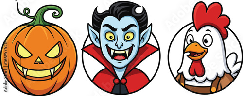 Halloween pumpkin vampire cartoon character and funny chicken mascot in circle frame, spooky Halloween icons, festive autumn holiday illustration