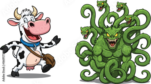 Funny cartoon cow character and scary green multi-headed monster creature, fantasy and humor clash in unique comic-style illustration