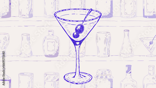 Illustration of a martini glass with olives and a spoon against a shelf of bottles and containers