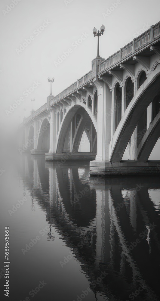 Fototapeta premium Arched bridge vanishing into fog, reflected in water