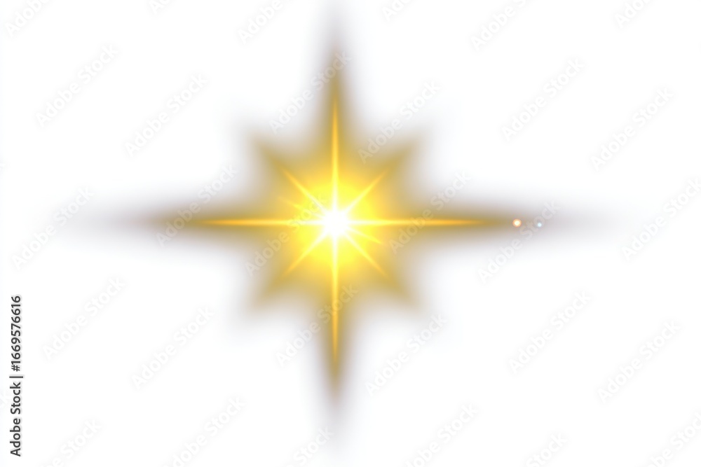 Obraz premium Radiant golden starburst with soft glow, centrally positioned on a clean, white background
