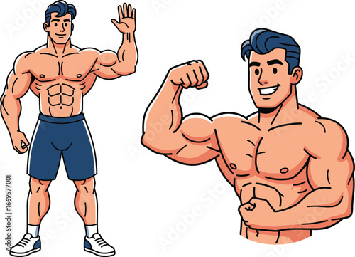 Muscular cartoon man flexing biceps, fitness illustration, bodybuilder character, strong male figure, athletic physique, gym concept, vector art