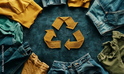 Assortment of eco-friendly garments featuring a recycling symbol. This image promotes the concept of recycling textiles and sustainable fashion practices, emphasizing eco-conscious, Generative AI