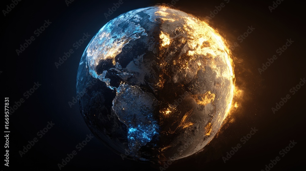 Naklejka premium Earth split, half frozen, half ablaze