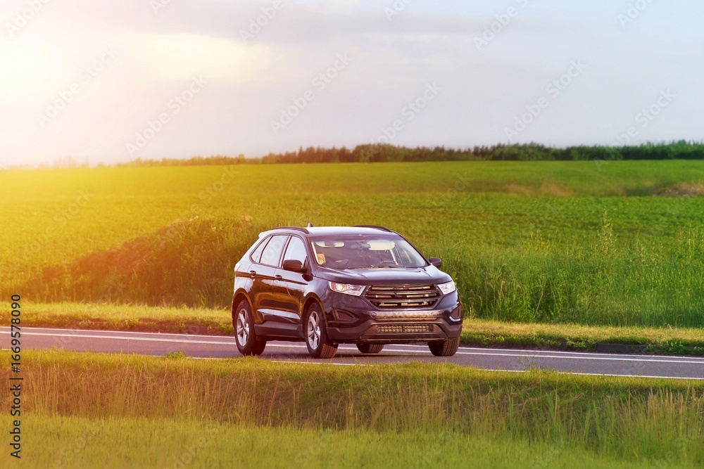 Fototapeta premium Driving a 4x4 SUV through green nature