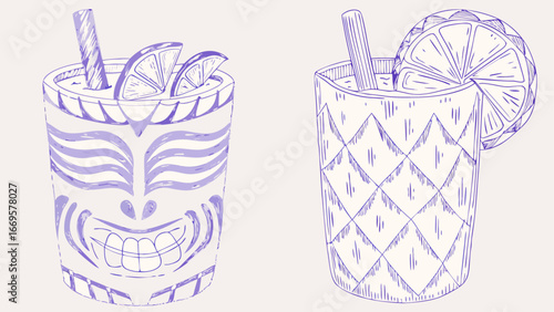 Illustration of two stylized cocktail glasses with straws and citrus fruit garnishes in blue ink style
