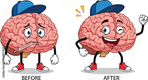 Sick brain before and after recovery, cartoon brain character transformation, mental health improvement, healthy mind concept, emotional wellness illustration