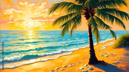 Breathtaking tropical sunset paints the ocean with golden light, a solitary palm tree gracing a serene sandy beach with gentle waves lapping the shore.