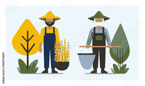 Cartoon Farmers in Flat Style with Plants and Tools in a Nature Scene