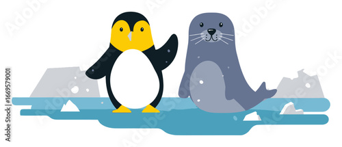 Cute Cartoon Penguin and Seal on Ice Floe in Flat Design Style